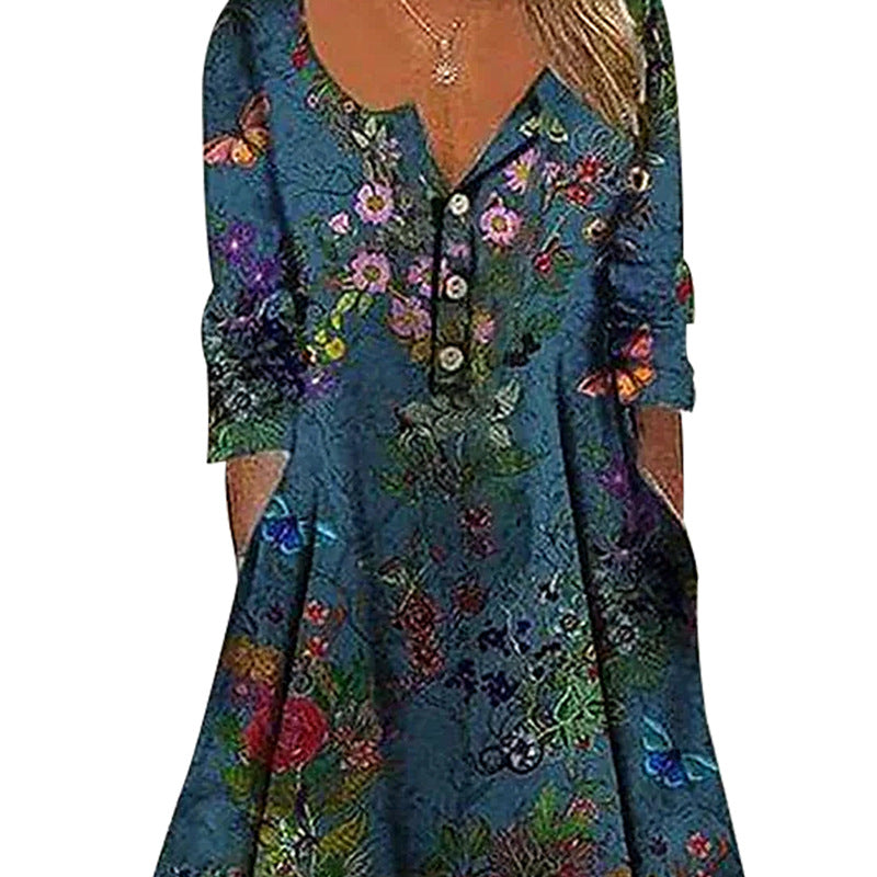 Women's A Line Floral Butterfly Ruched Dress