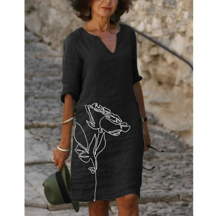 Women's Floral Print Shift Dress Knee Length Dress