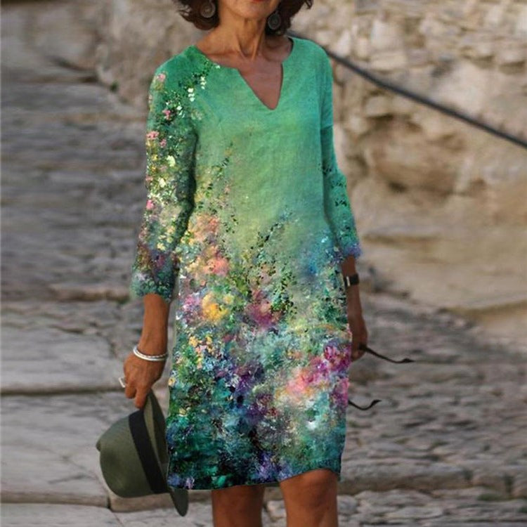 Women's Floral Print Shift Dress Knee Length Dress