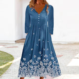 Women's Printed V-Neck Long Sleeve Pocket Dress